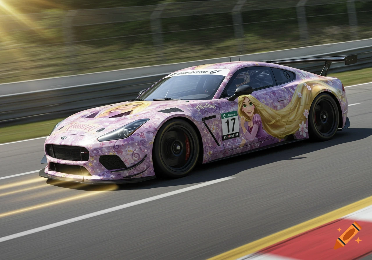 A pink and purple race car with a Rapunzel-themed paint job speeds on a race track under bright sunlight.