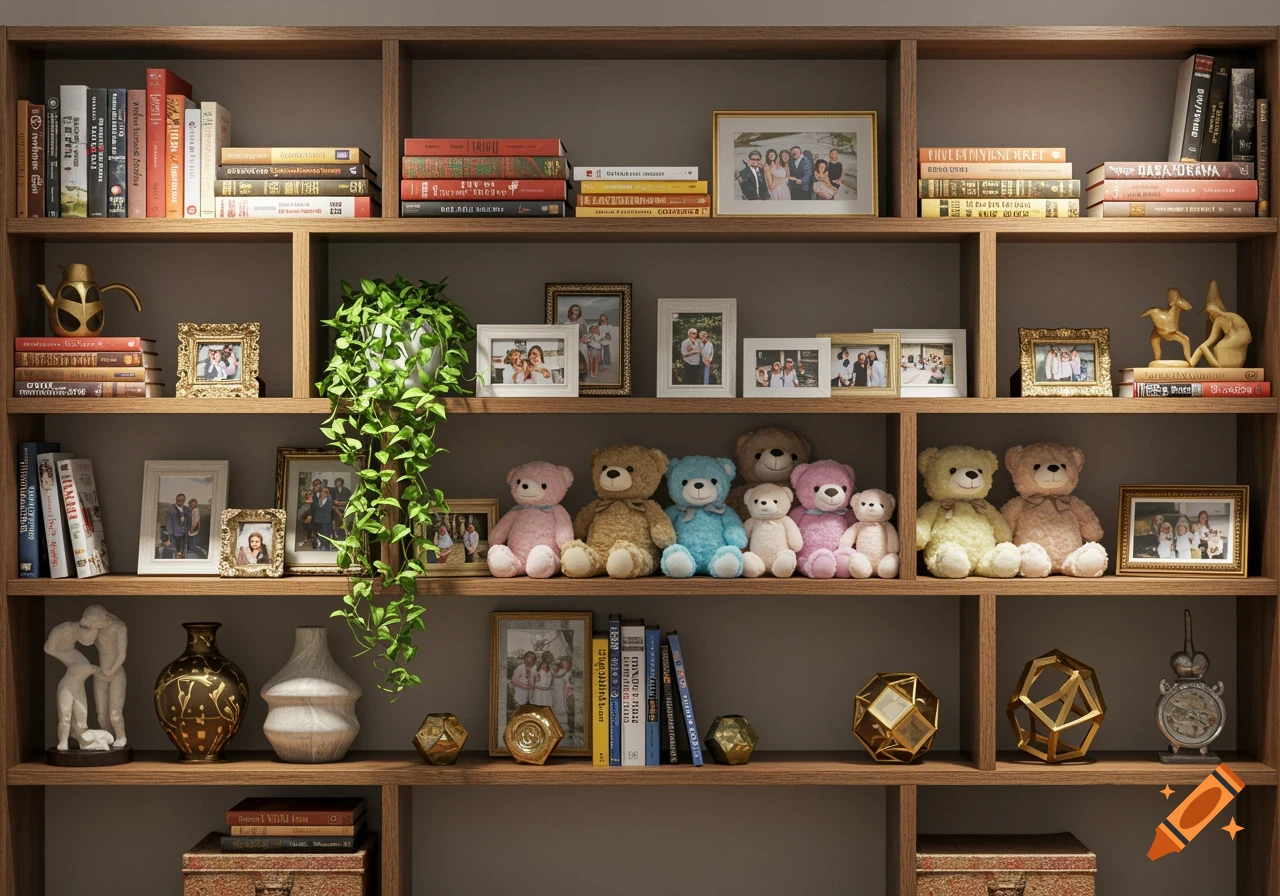 A large wooden bookshelf filled with neatly organized books, framed photographs, green plants, colorful teddy bears, and various decorative items.