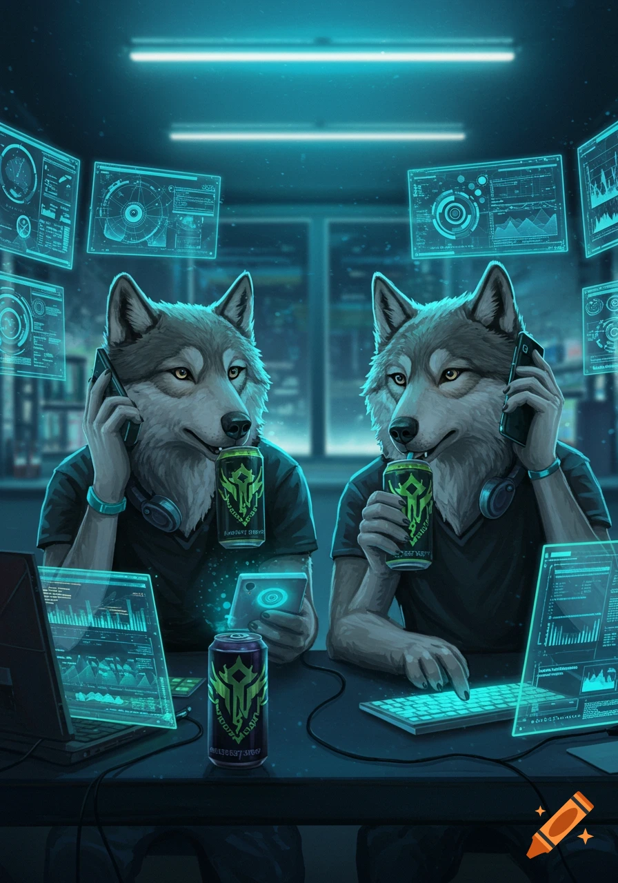 Two anthropomorphic wolves in a dark, tech-filled room, one on the phone and drinking an energy drink, the other drinking an energy drink while looking at a smartphone, surrounded by holographic screens displaying data.