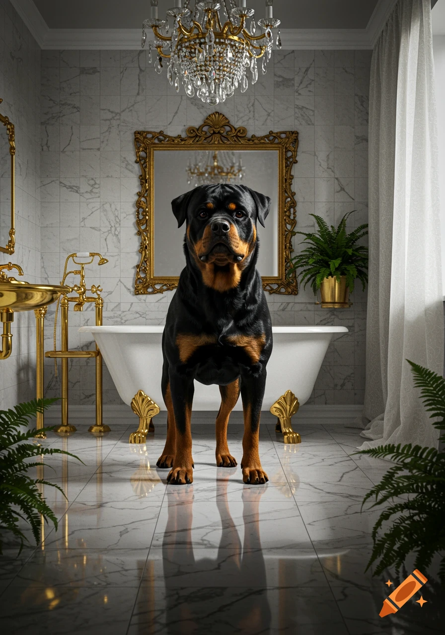 A photorealistic image of a rottweiler standing proudly in a luxurious marble bathroom with gold fixtures and a chandelier.