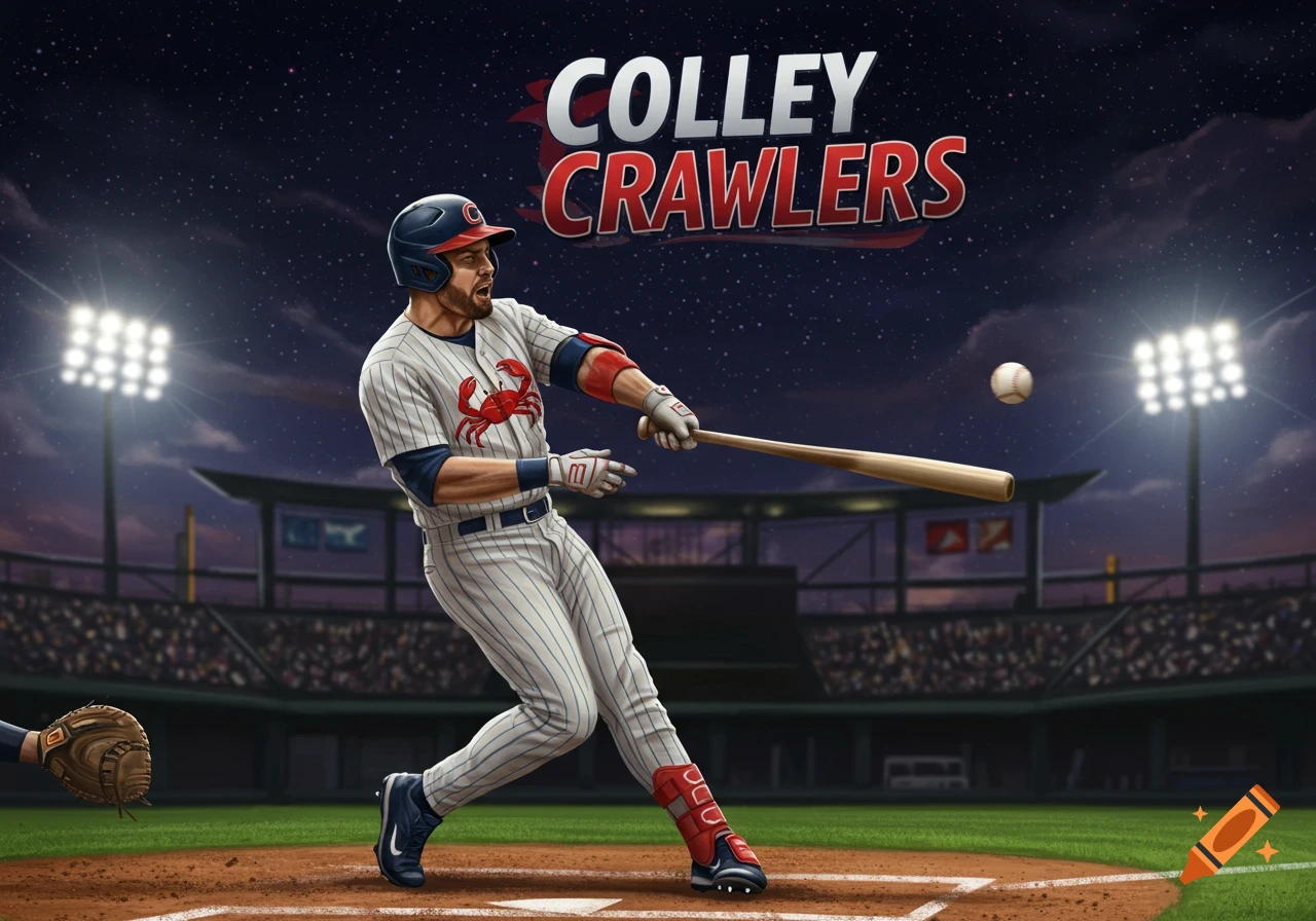 A stylized image of a baseball player in a pinstripe uniform with a crab logo, swinging a bat at a ball in a stadium at night. The words "COLLEY CRAWLERS" are in the sky.