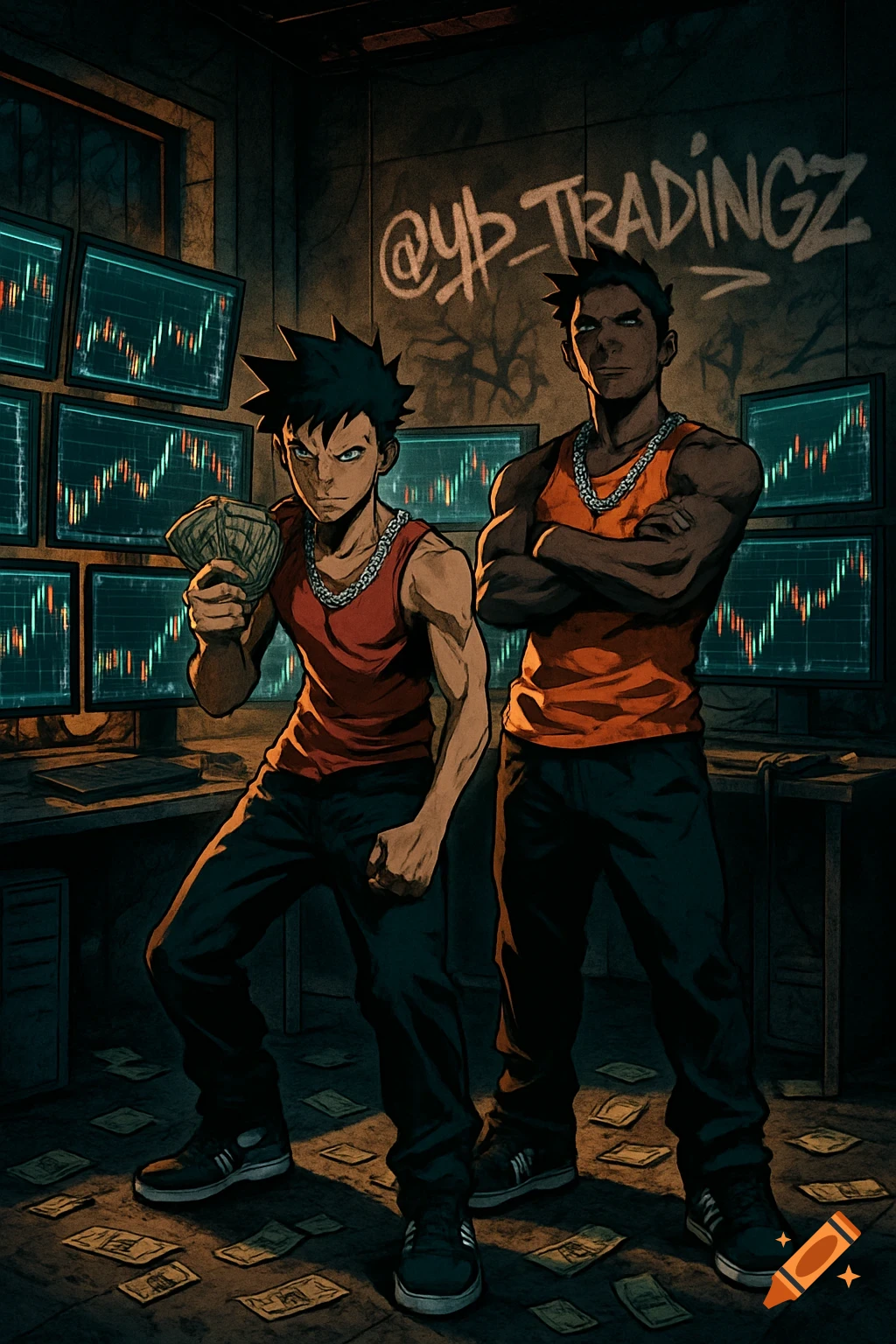 Two anime-style men in streetwear in an urban trading room with money and stock charts.