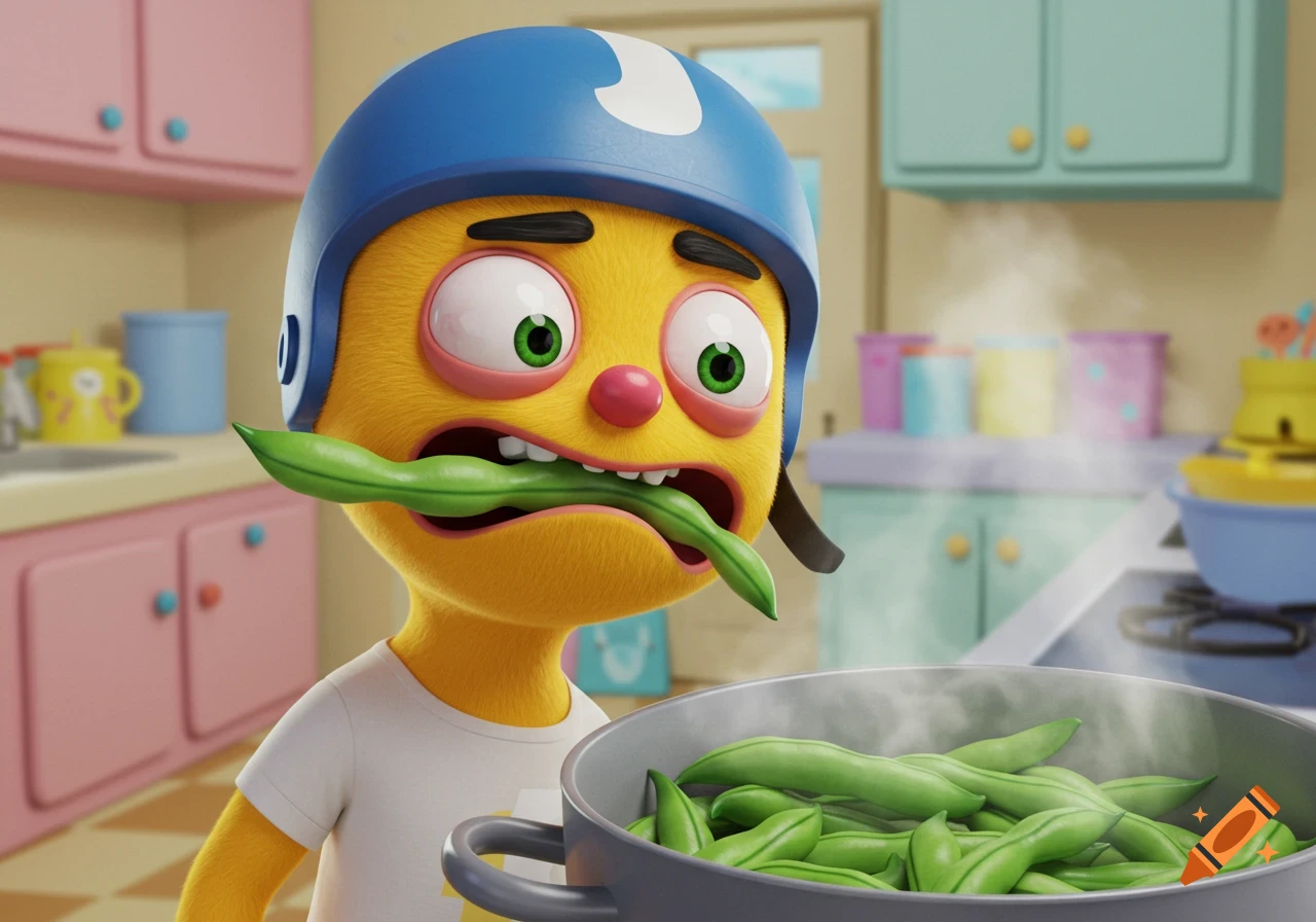 A yellow, fuzzy cartoon character in a blue helmet grimaces with a green bean in its mouth, next to a pot of steaming green beans in a kitchen.