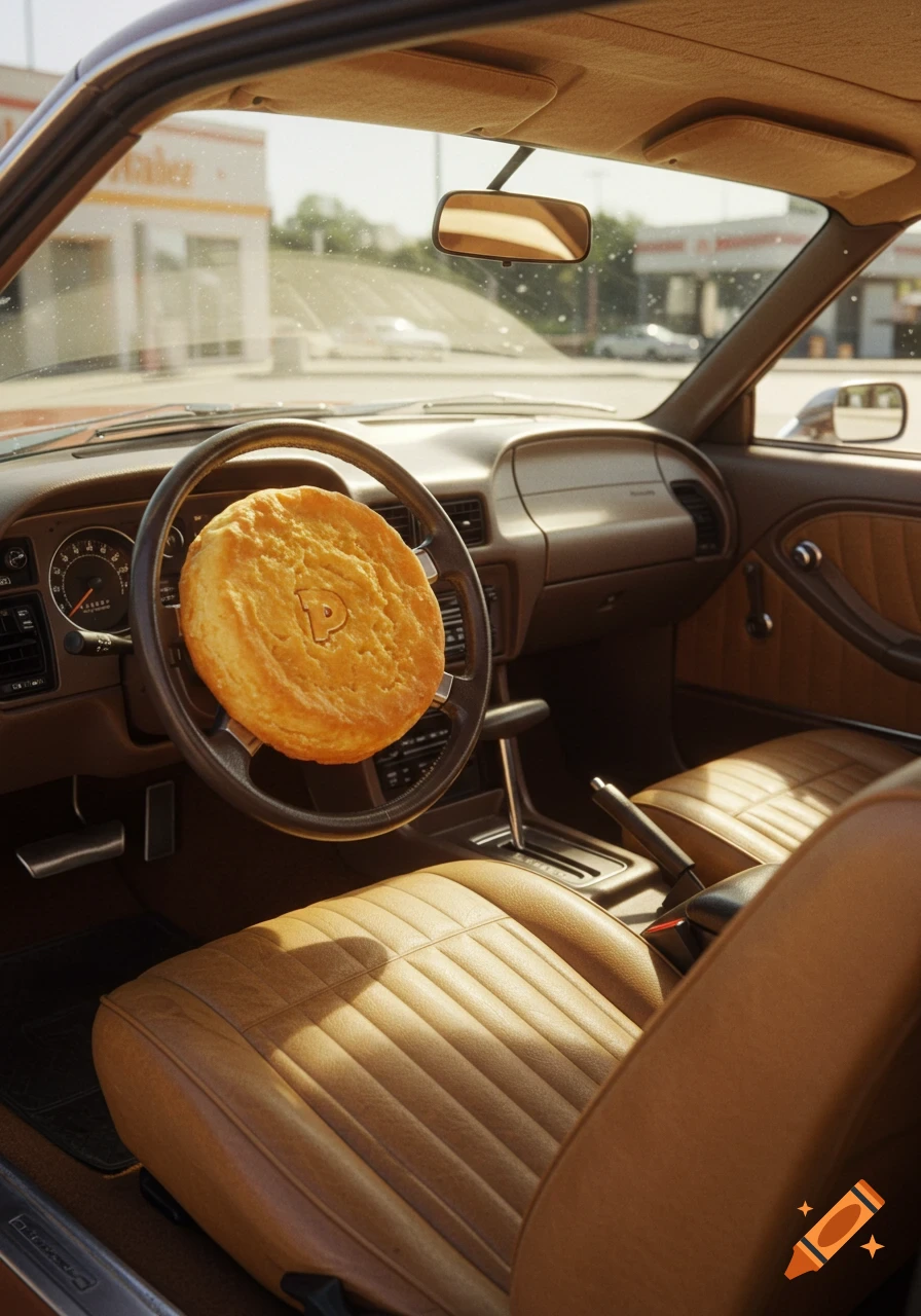 A photorealistic view from inside a vintage car, showing a Popeyes biscuit as the steering wheel and brown leather seats.
