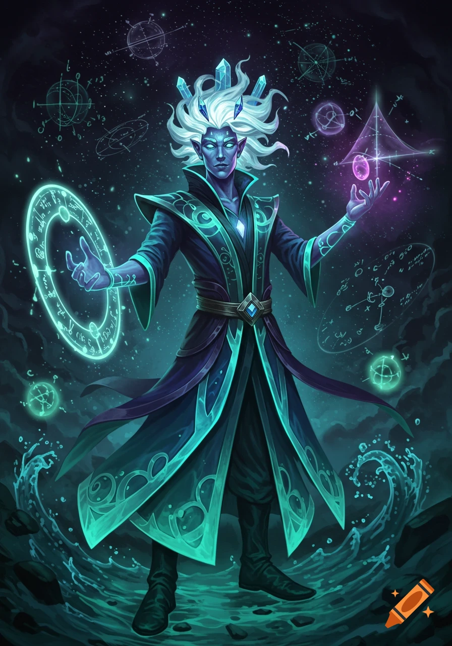 A cosmic wizard with glowing blue skin and white hair, wearing indigo and sea-green robes with glowing patterns, wields a glowing green ring and a pink orb in a starry, mystical setting.