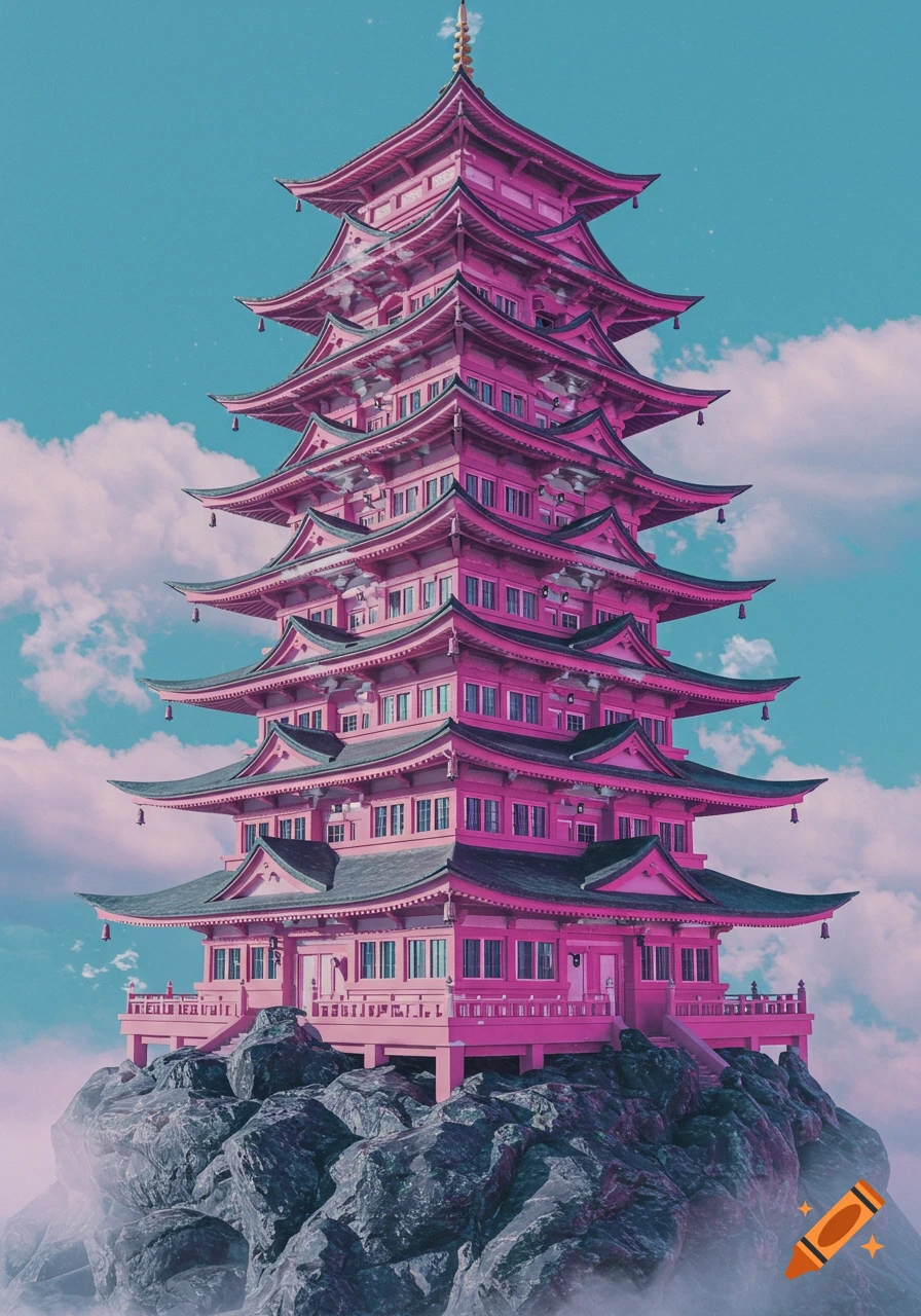 A vibrantly pink, multi-tiered pagoda with traditional Japanese architecture sits atop a rocky, misty peak under a blue sky with clouds.