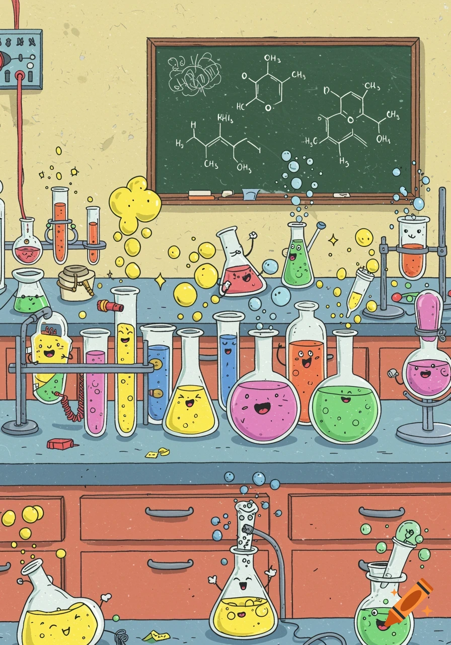 A cartoon chemistry lab filled with smiling, anthropomorphic beakers, test tubes, and flasks bubbling with colorful liquids, with chemical formulas on a blackboard.