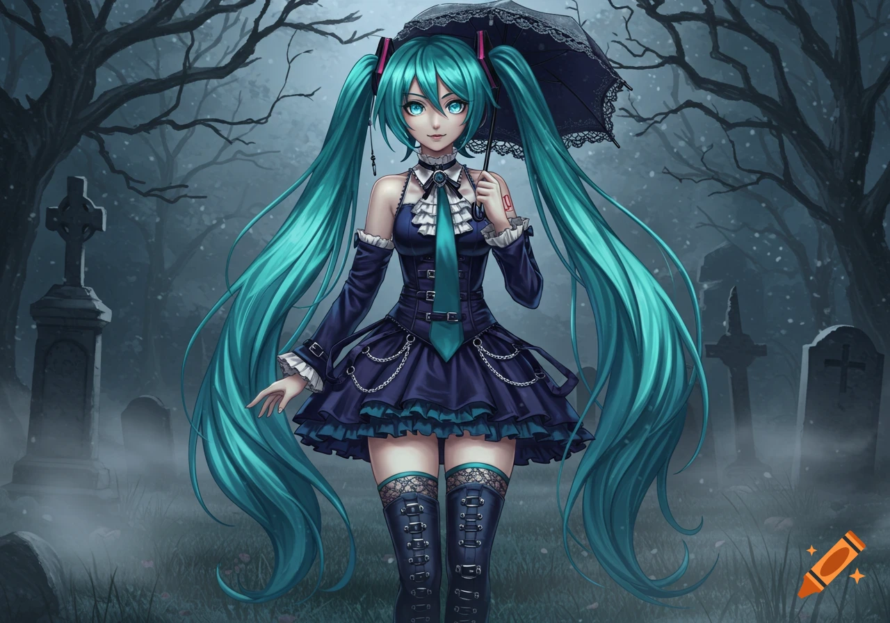 Anime-style Hatsune Miku in a gothic dress holding a lace umbrella in a foggy graveyard.