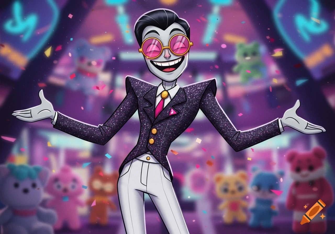 A flamboyant cartoon character in a sparkly suit and pink sunglasses smiles with arms spread amidst falling confetti in a neon-lit mall.
