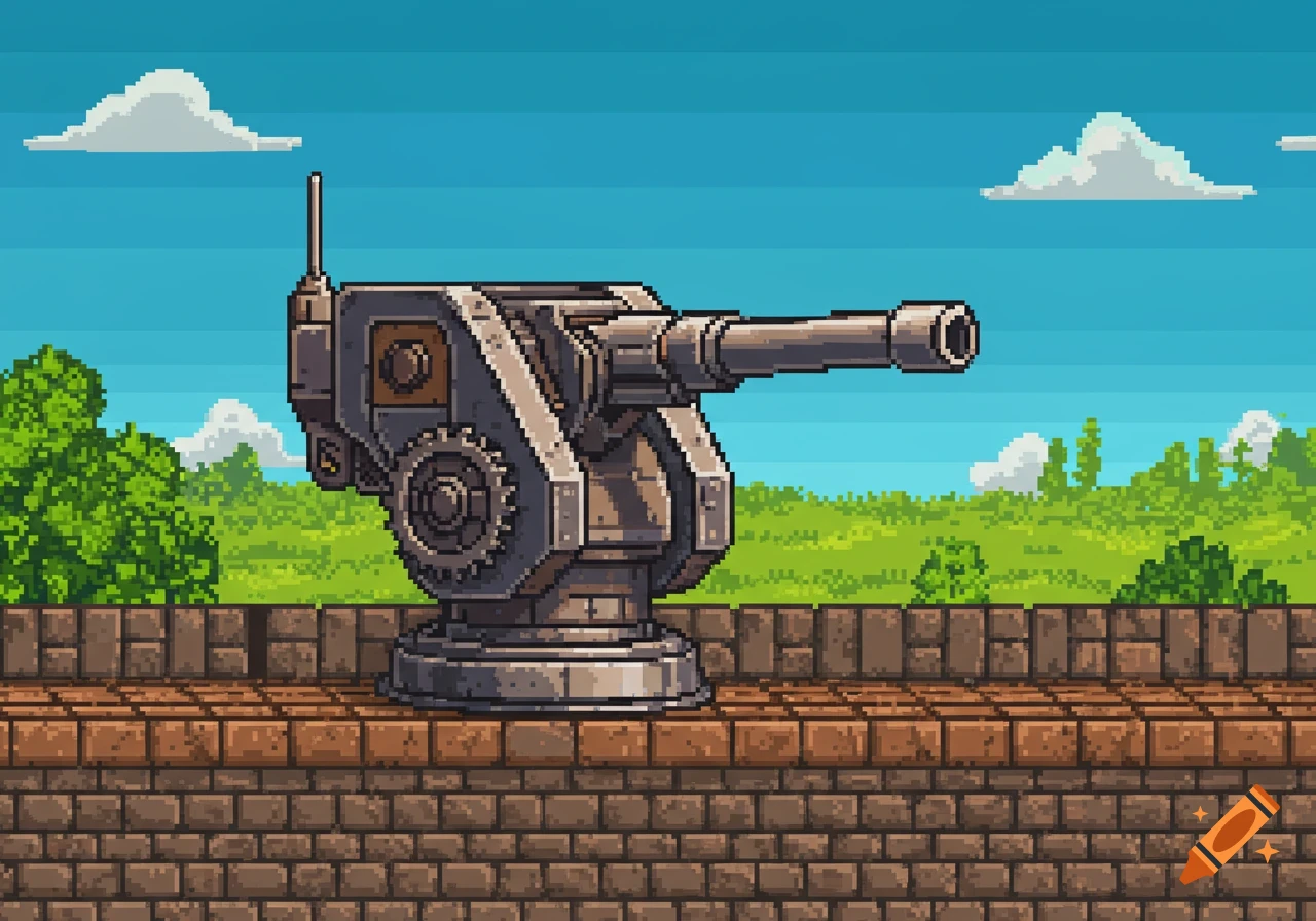 A pixel art gun turret sits on a brick wall with green trees and blue sky in the background.