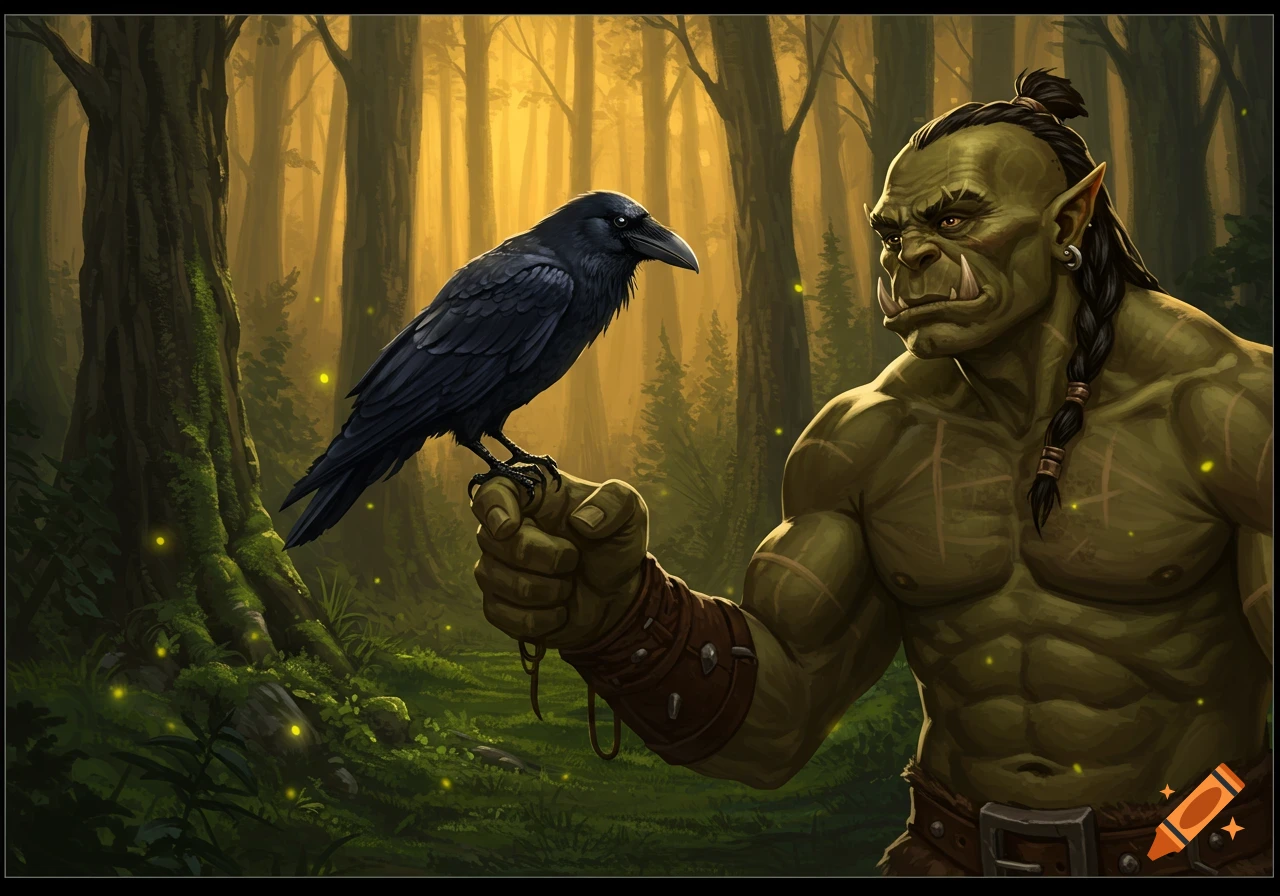 An orc with a braided ponytail holds a black raven on his finger in a mystical forest with glowing fireflies.
