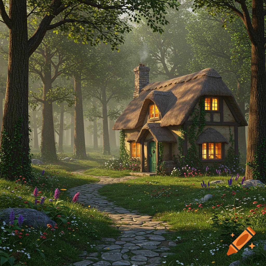A photorealistic image of a cozy, thatched-roof cottage nestled deep in a sun-dappled forest, with a stone path leading to its vibrant green door.
