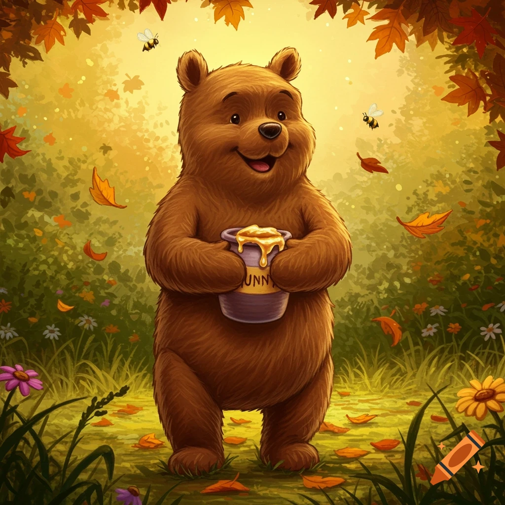 A happy, fluffy brown bear, resembling Winnie the Pooh, stands in an autumn forest holding a pot of honey. Golden leaves fall around him.