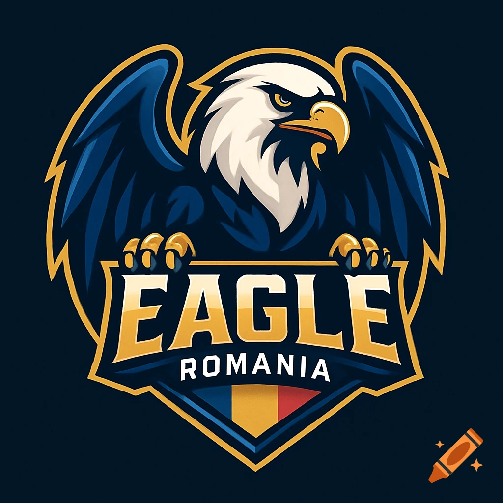 An esports style logo featuring a powerful eagle with spread wings holding a shield with the words EAGLE and ROMANIA above a Romanian flag design.