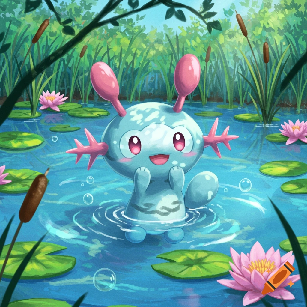 A cute light blue Wooper Pokemon stands in a pond surrounded by pink water lilies, green lily pads, and cattails, with trees in the background.