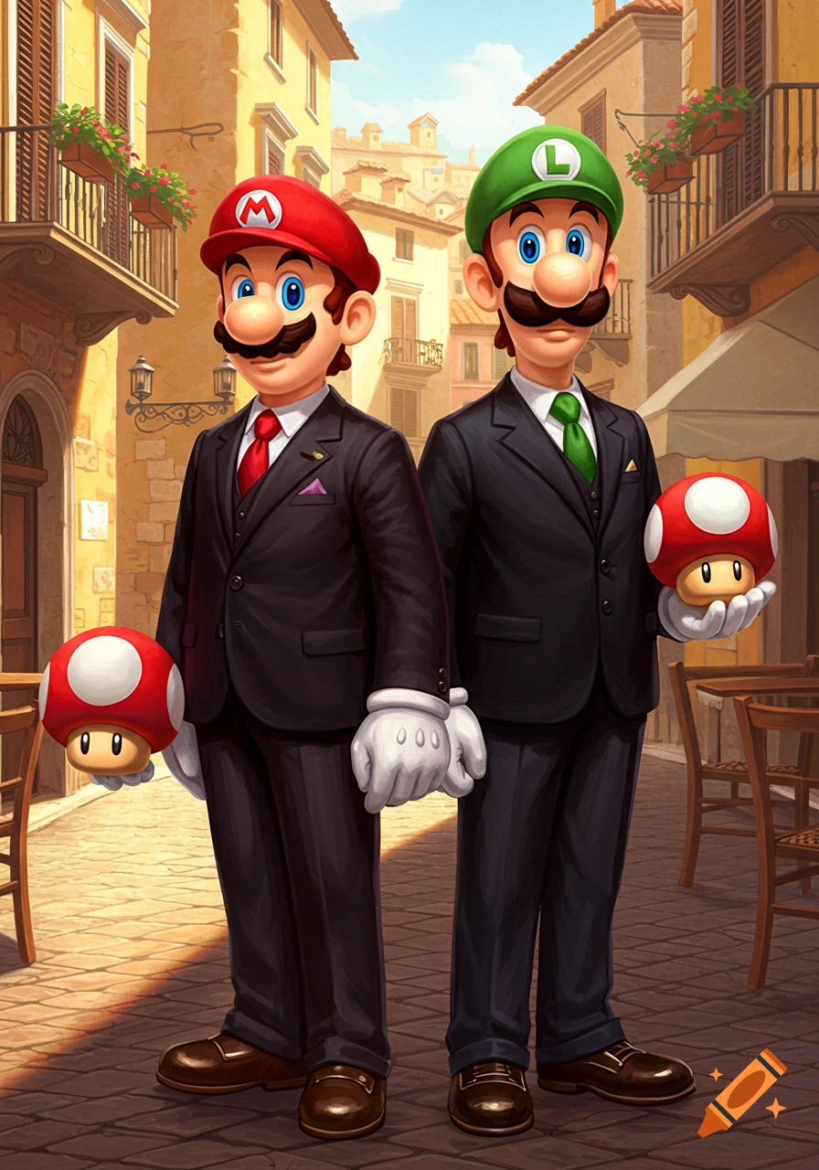 Mario and Luigi in black suits stand on a cobblestone street in an Italian town, holding red mushrooms.