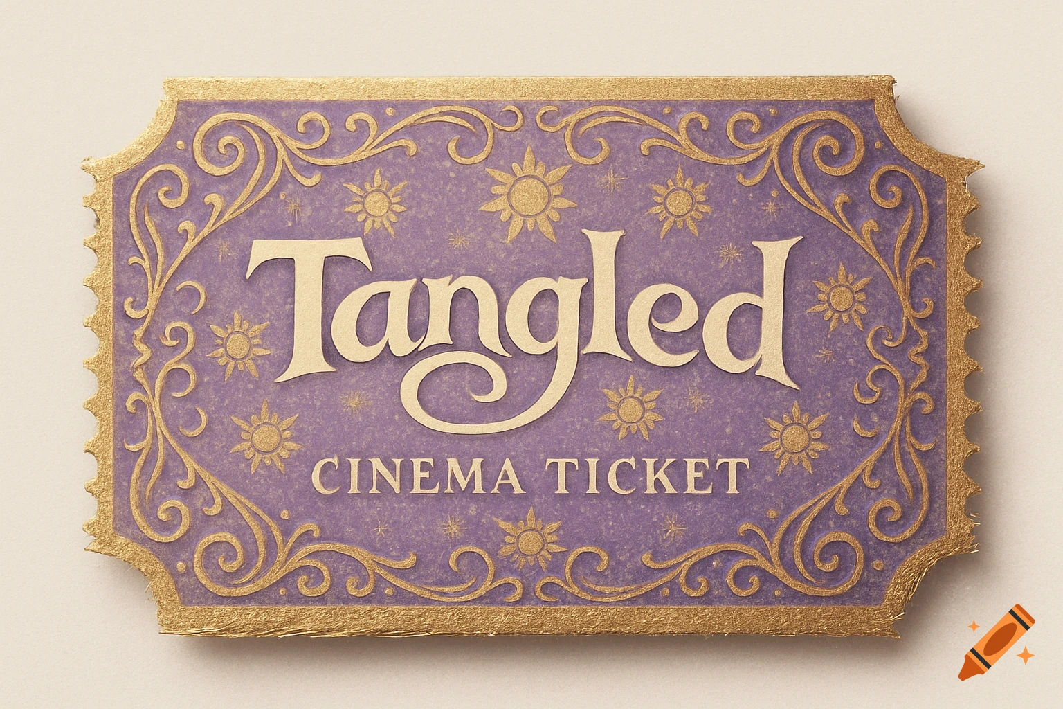 A purple cinema ticket with gold embossed filigree and sun symbols, featuring the title 'Tangled' and 'CINEMA TICKET' in gold lettering.