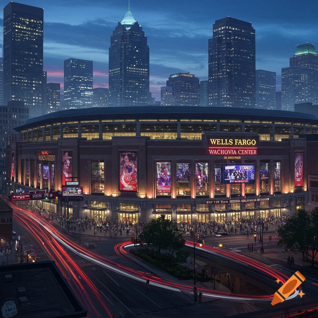 A nighttime cityscape featuring a brightly lit stadium with 'Wells Fargo' and 'Wachovia Center' signs, surrounded by city lights and red light trails from vehicles.