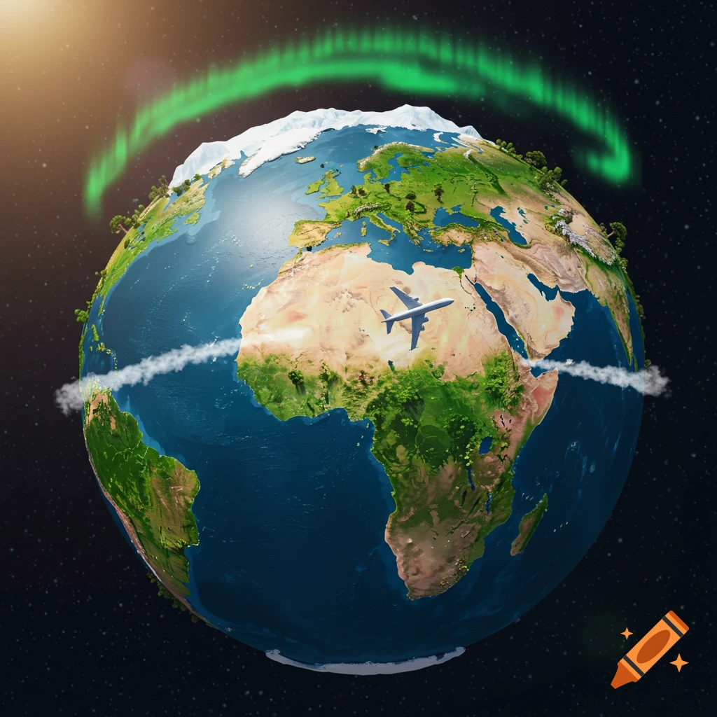 A globe showing Europe and Africa, a plane flying over the Sahara, green aurora borealis, and stars.