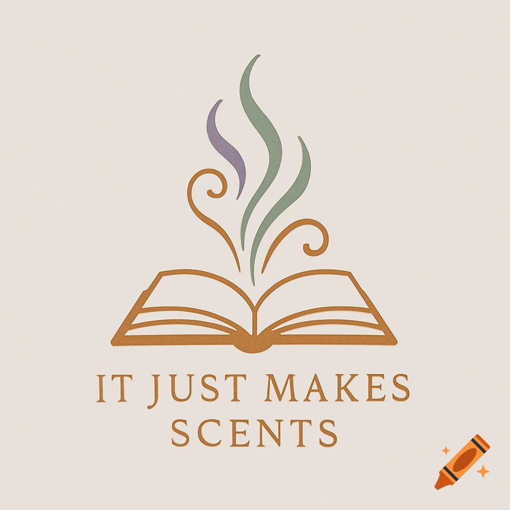 A logo featuring an open brown book with purple and green wavy lines rising from it, above the text "IT JUST MAKES SCENTS".