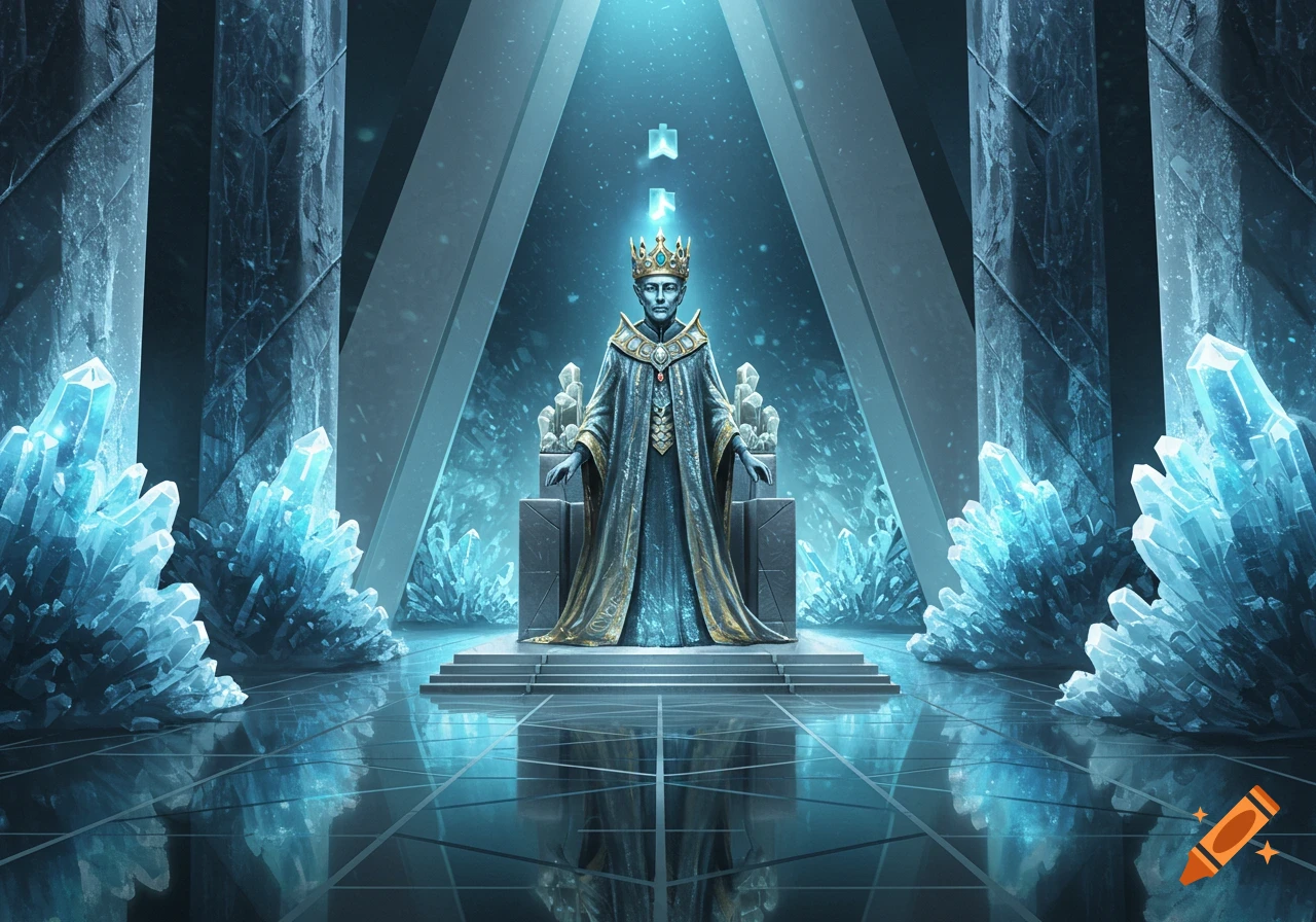 A king in a gold crown and blue robe sits on a throne in an icy, crystal-filled hall with glowing symbols overhead.
