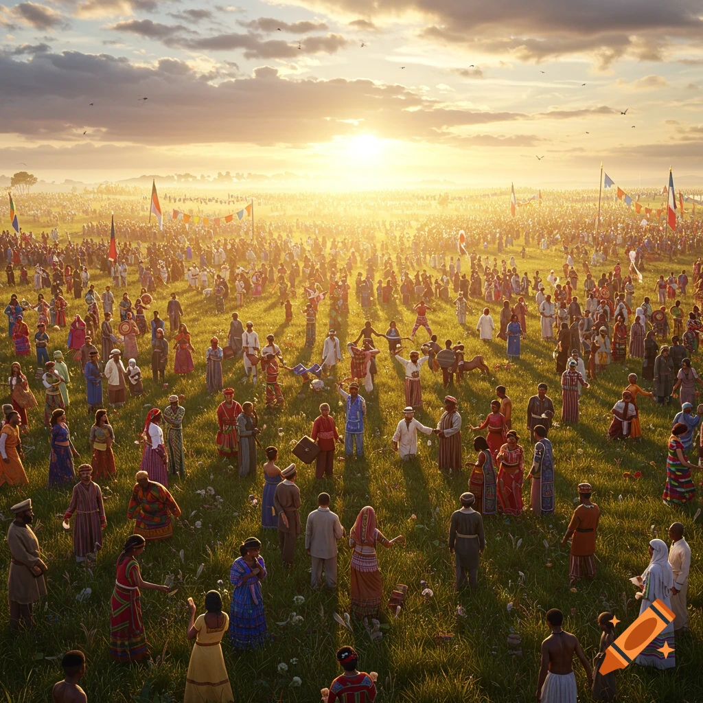 A vast crowd of diverse people gathered in a sunny field during sunset, with flags scattered throughout.