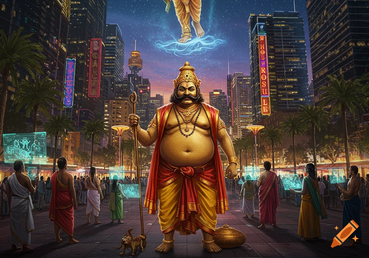 A king with a large belly holds a staff in a futuristic city at night as Vishnu places his foot on his head. People look at glowing screens.