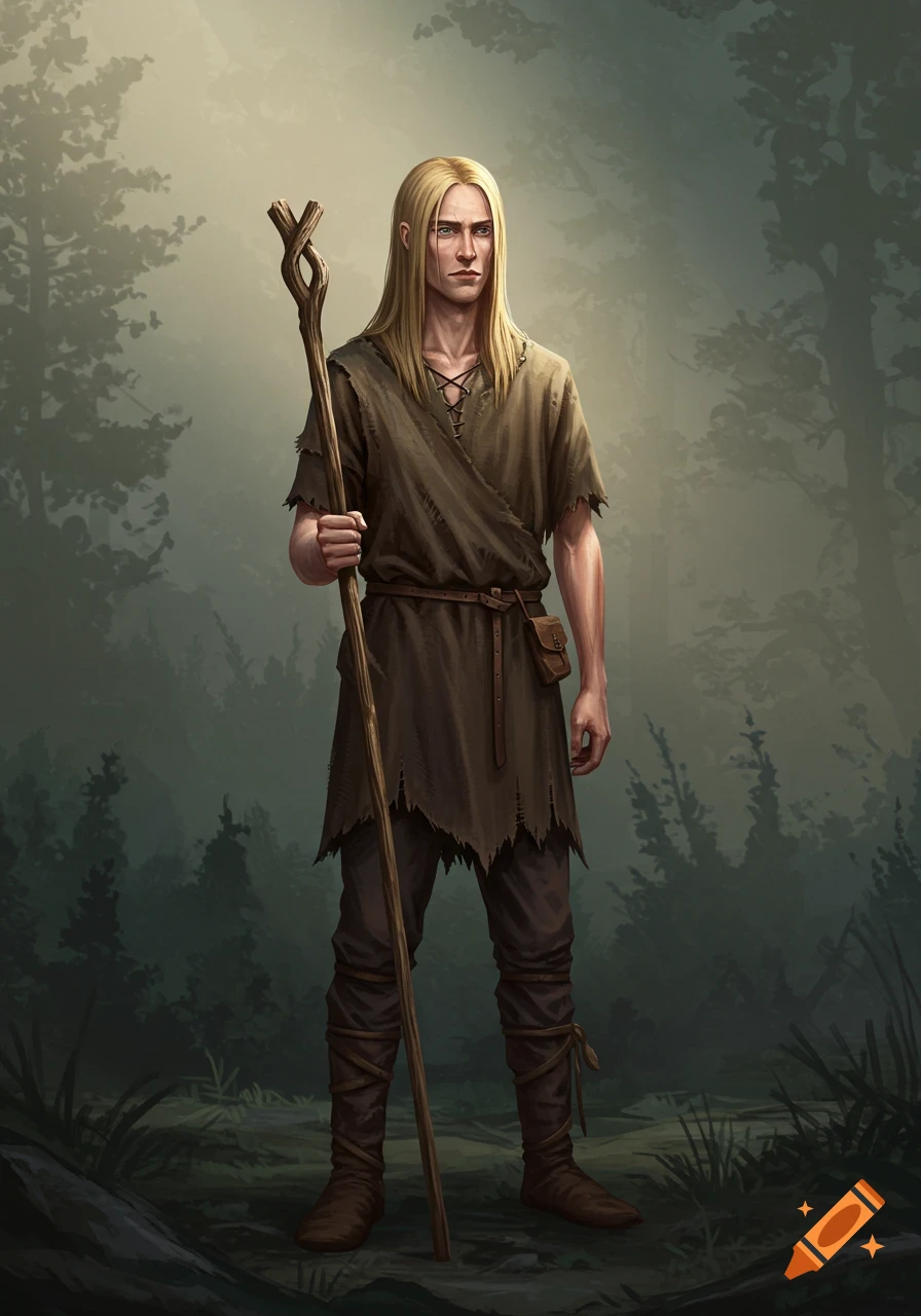 A long-haired blonde man in tattered clothes holds a staff, standing in a misty forest. Digital painting.