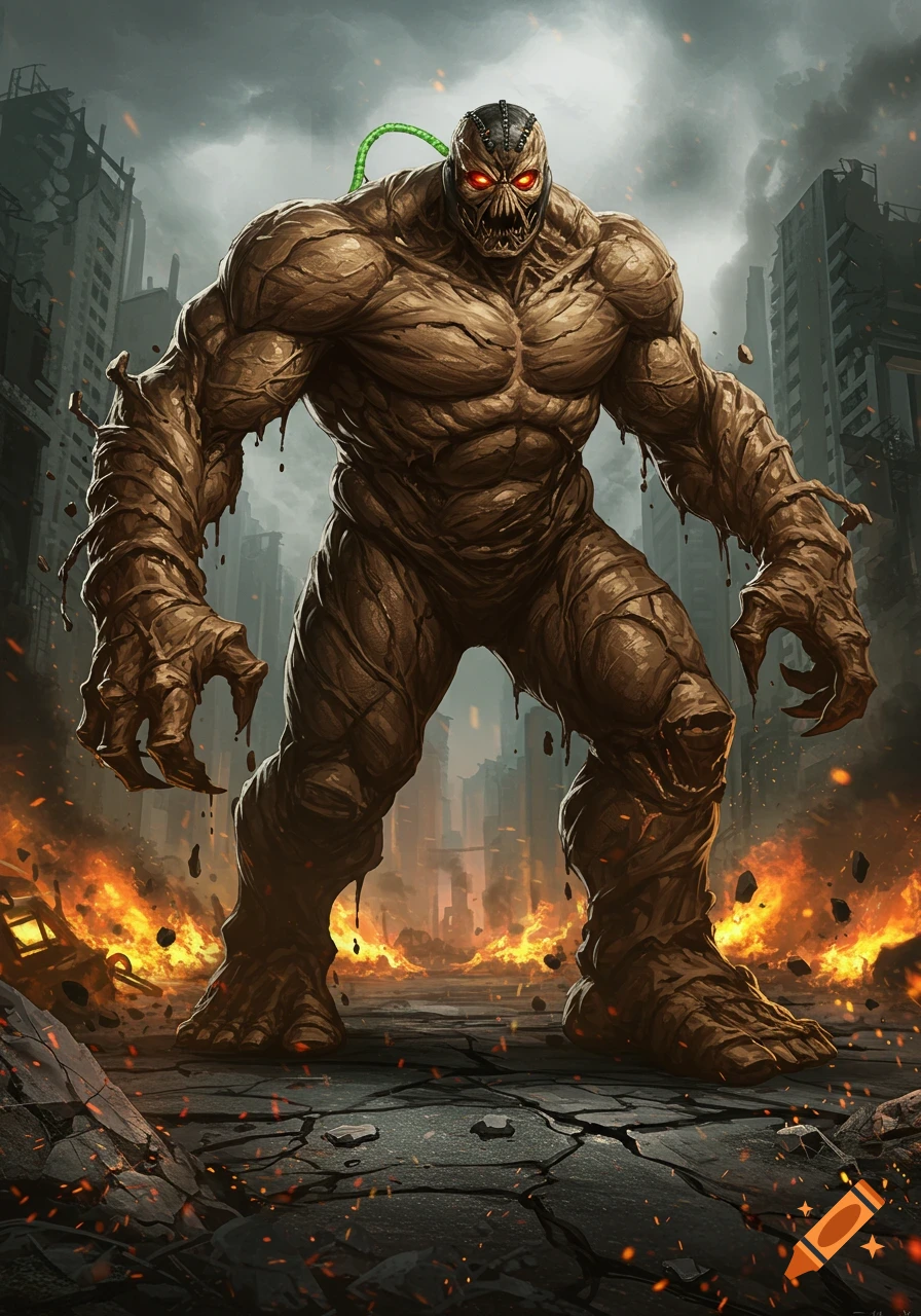 A huge, muscular mud-monster wearing a metal mask with glowing red eyes stands in a ruined city engulfed in flames, comic book style.