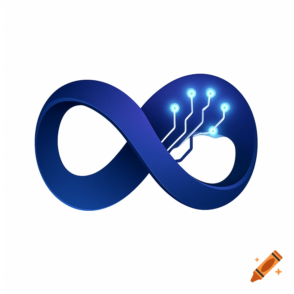 A sleek, minimalist blue infinity loop logo integrated with glowing digital circuit lines and neural nodes, on a white background.