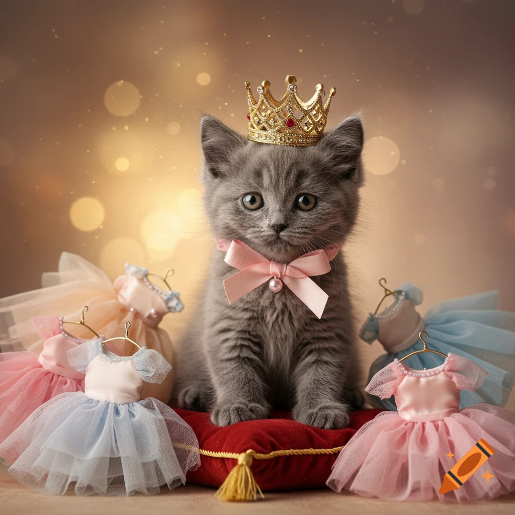 A cute gray kitten wearing a gold crown and a pink bow, sitting on a red cushion surrounded by miniature ballet tutus.