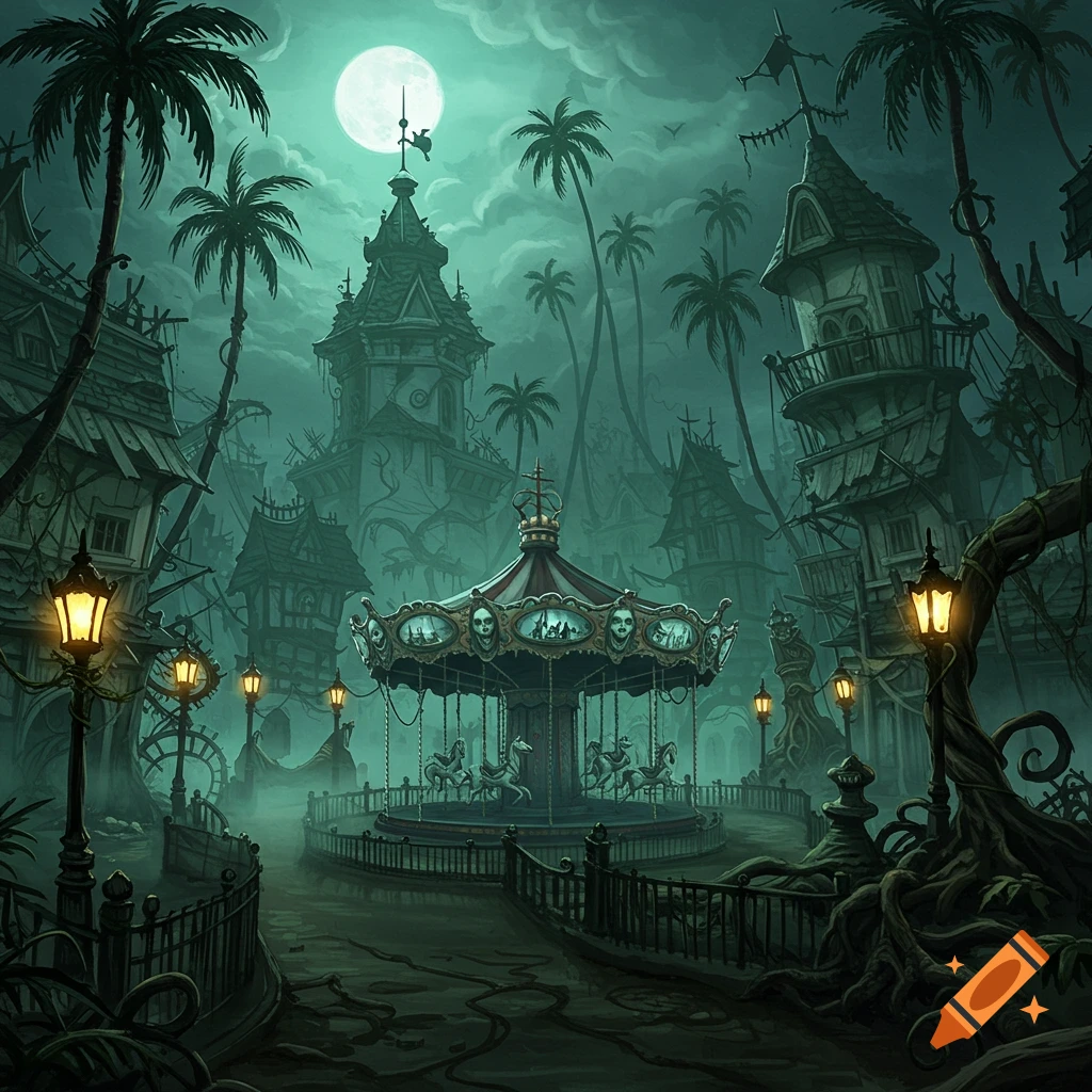 A dark, spooky carousel and abandoned amusement park under a full moon, with twisted palm trees and dilapidated buildings, in a Tim Burton style.