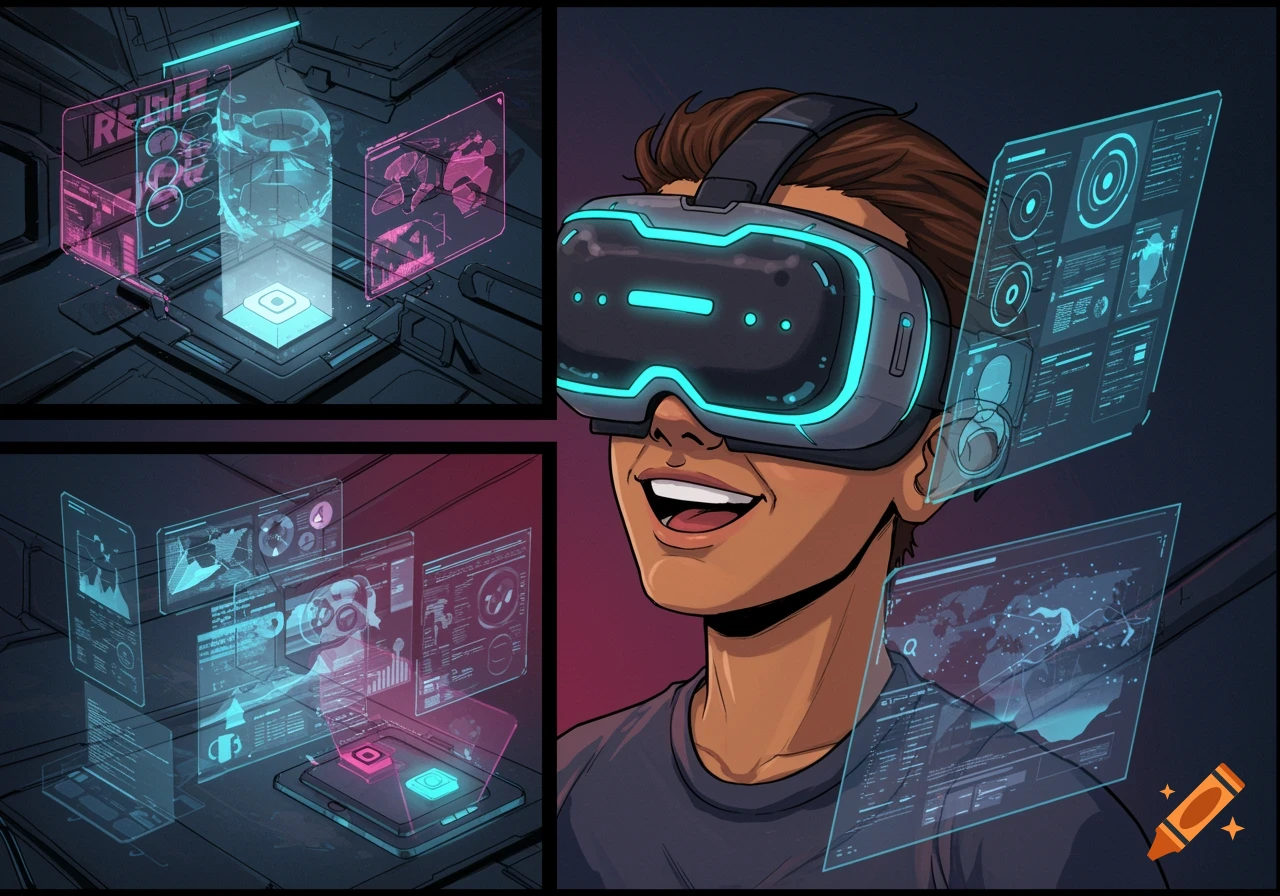 A person wearing a VR headset smiles, surrounded by glowing holographic interfaces in a futuristic setting, comic style.