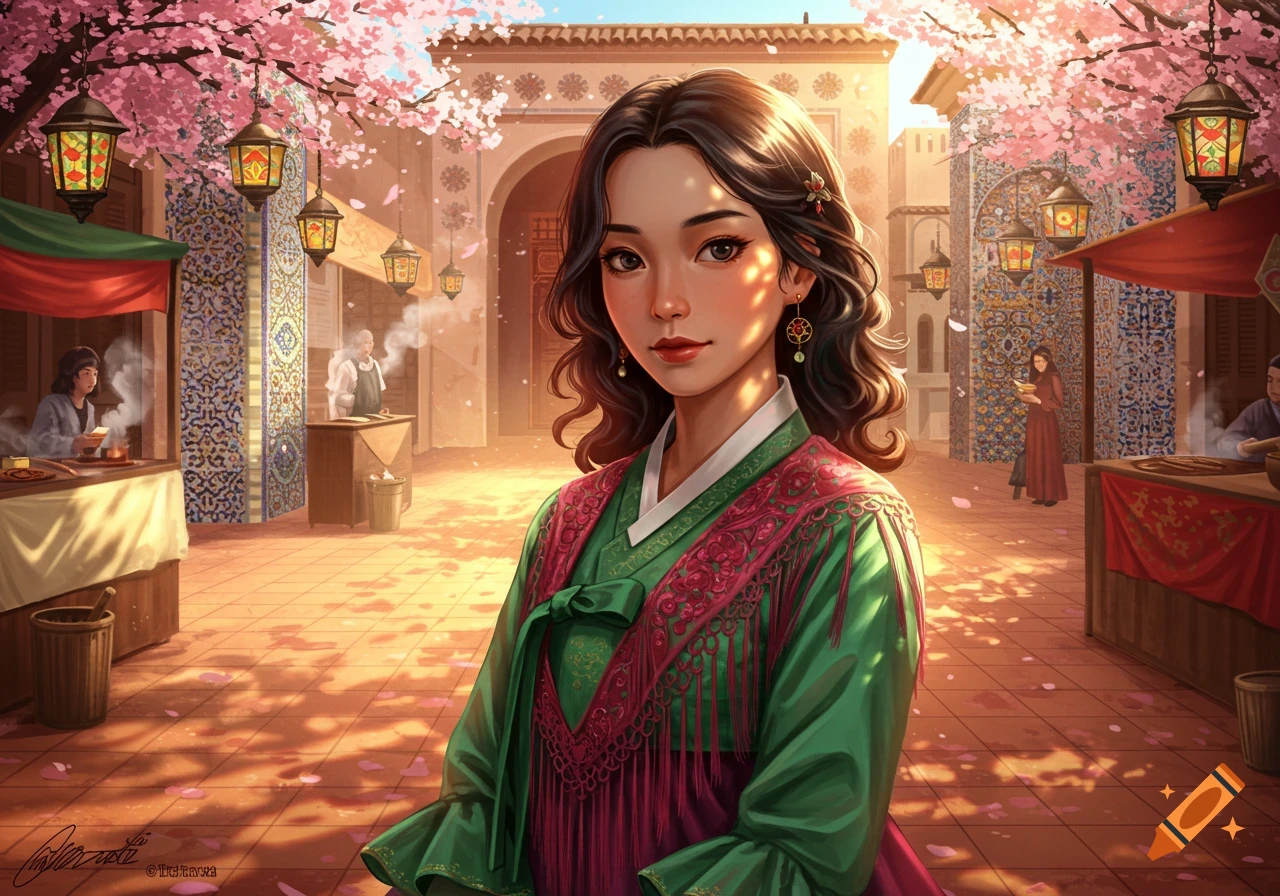 A young woman in traditional green and pink attire stands in a vibrant market with cherry blossoms and lanterns.