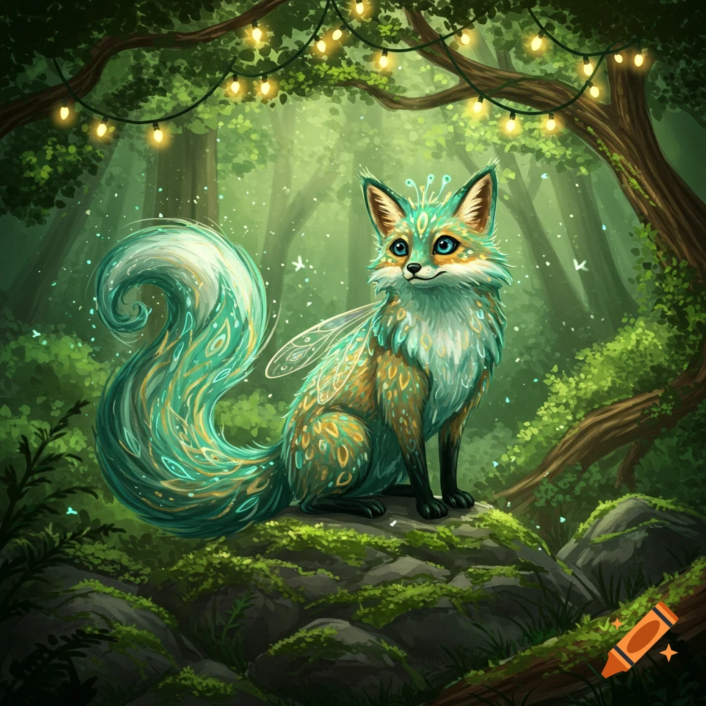 A whimsical teal and gold fairy fox with a large fluffy tail and translucent wings sits in an enchanted forest with glowing string lights.