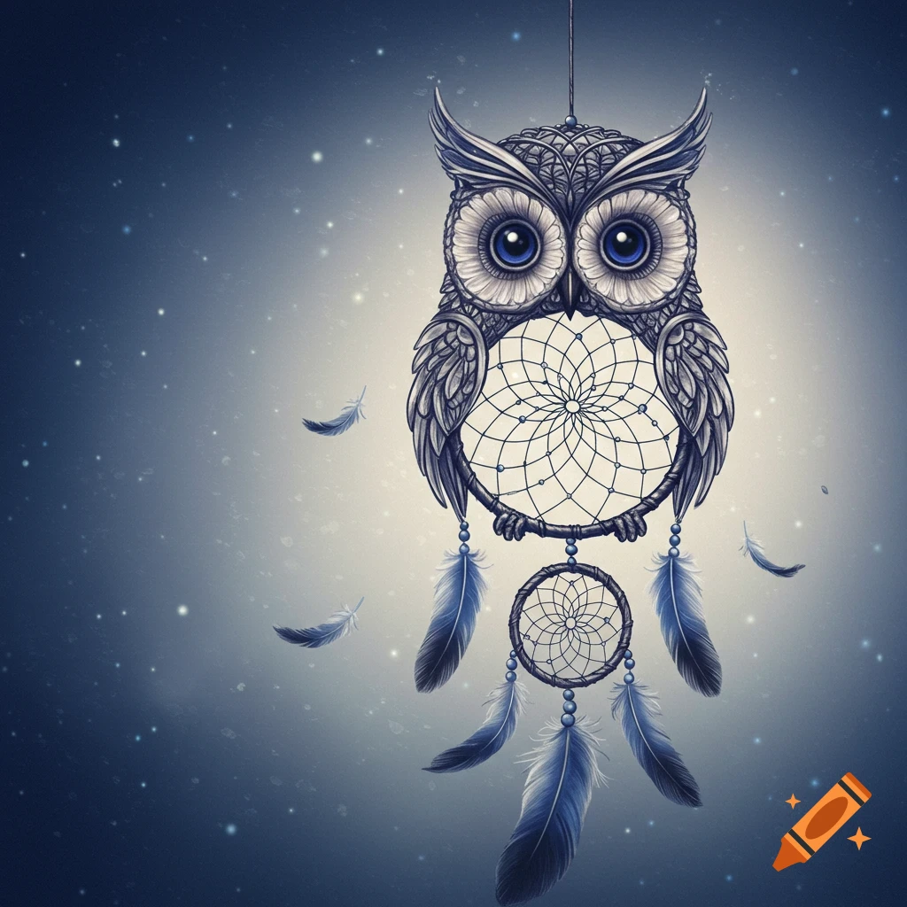 A stylized illustration of an owl-shaped dream catcher with blue eyes, intricate patterns, and blue feathers, set against a starry blue background.