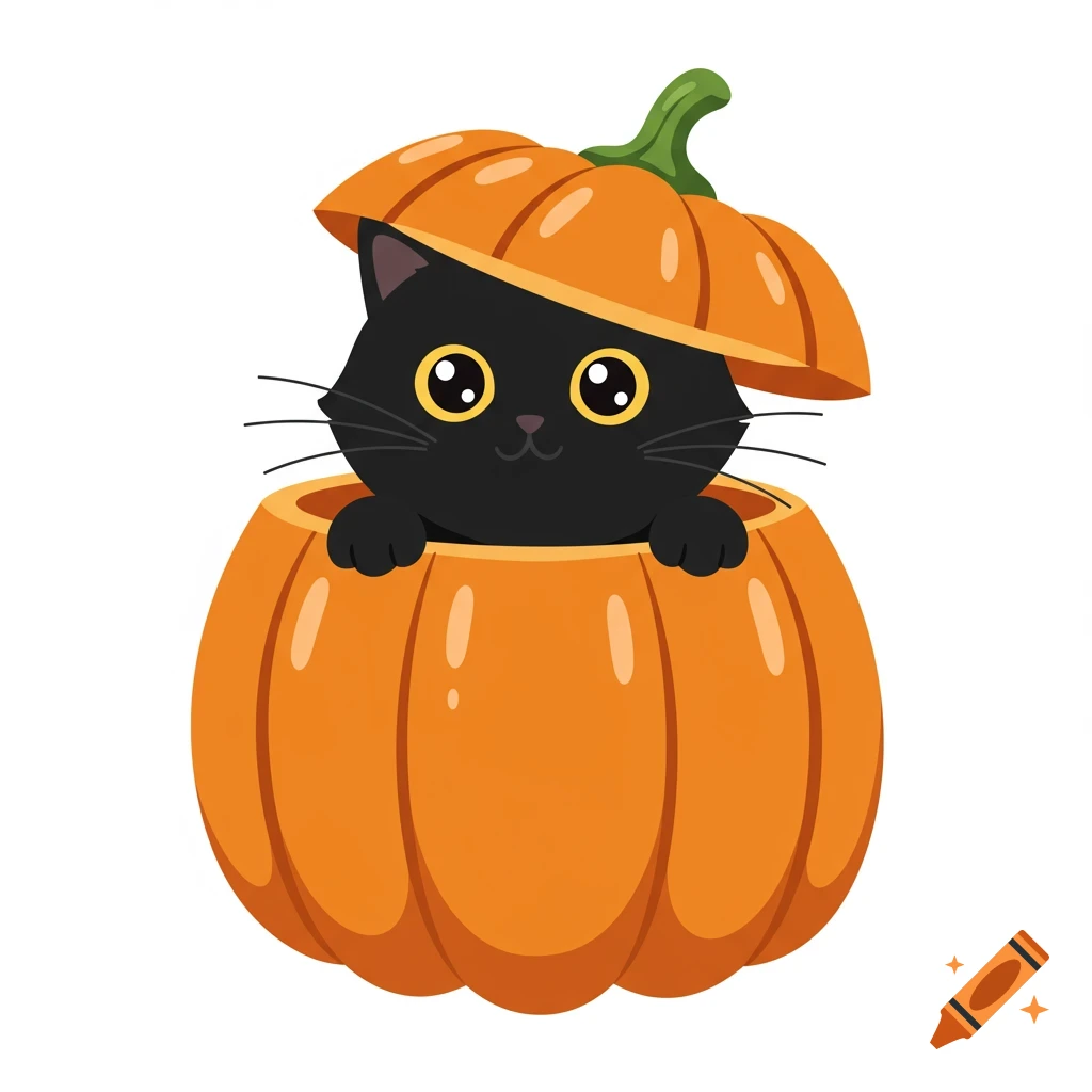 A cute black cartoon cat peering out of an orange pumpkin, with the pumpkin top acting as its hat, on a white background.