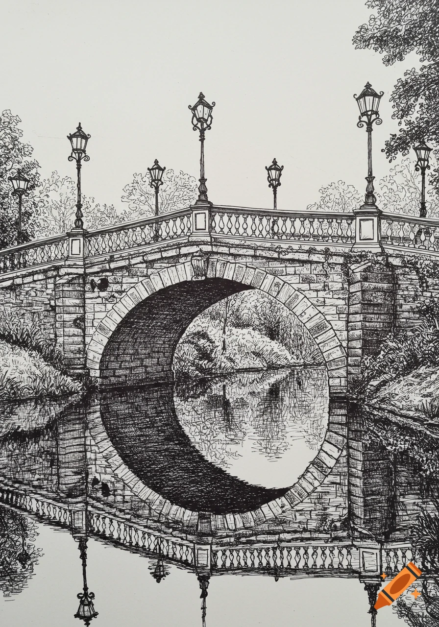 Detailed black and white pen drawing of an old stone bridge with ornate street lamps reflected in the water.