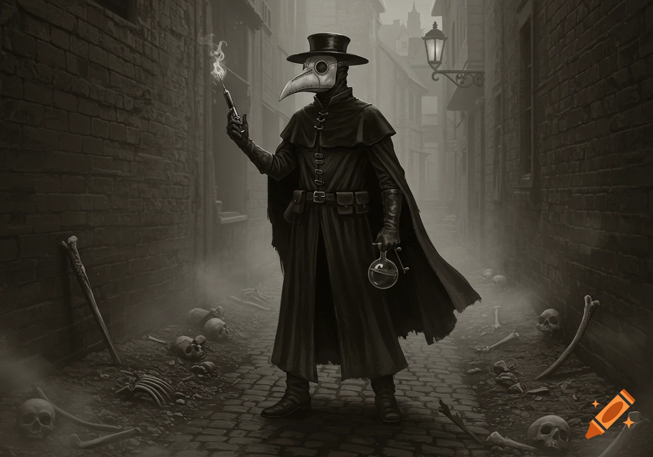 A drawing of a plague doctor in a dark, foggy alleyway littered with bones, holding a smoking syringe.