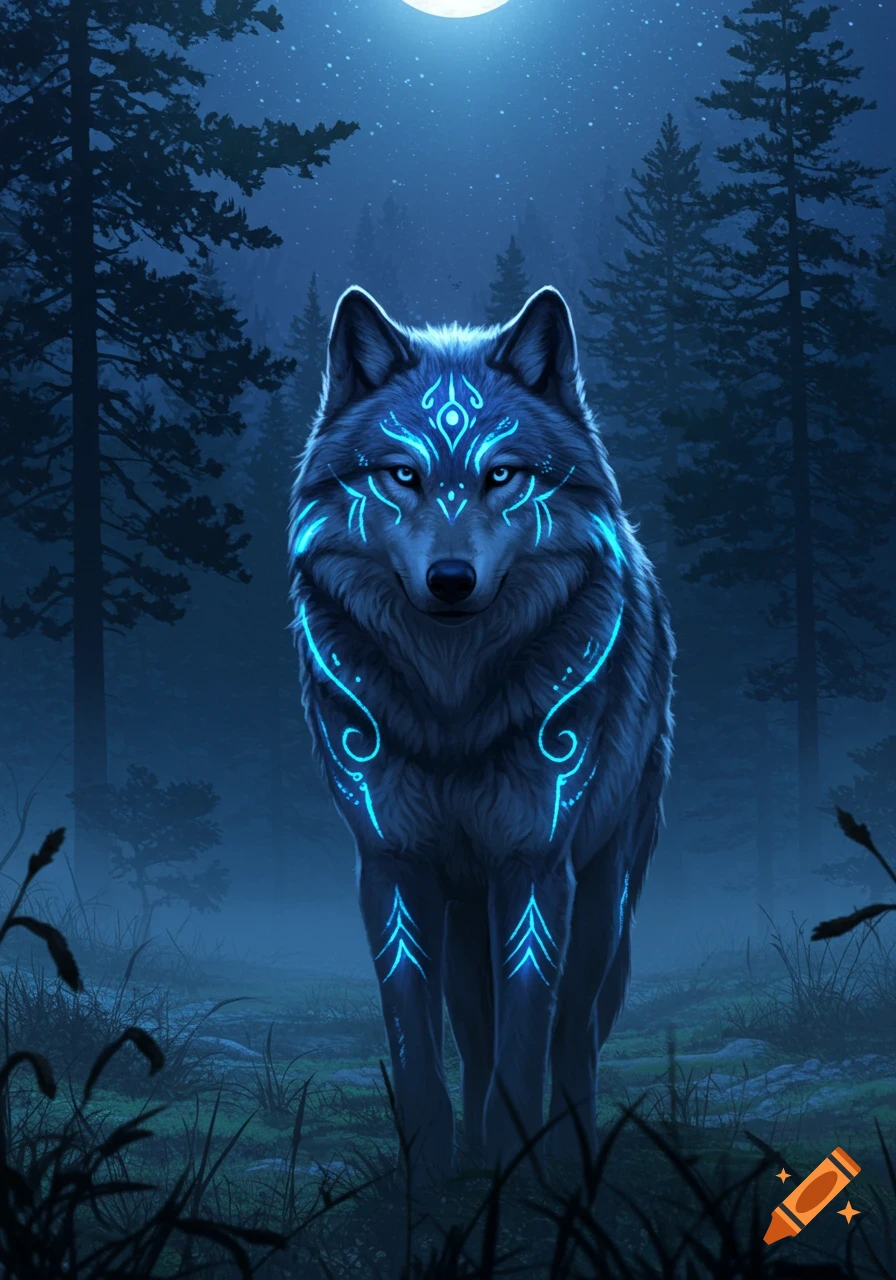 A majestic dark wolf with glowing blue tribal markings stands in a mystical moonlit forest.
