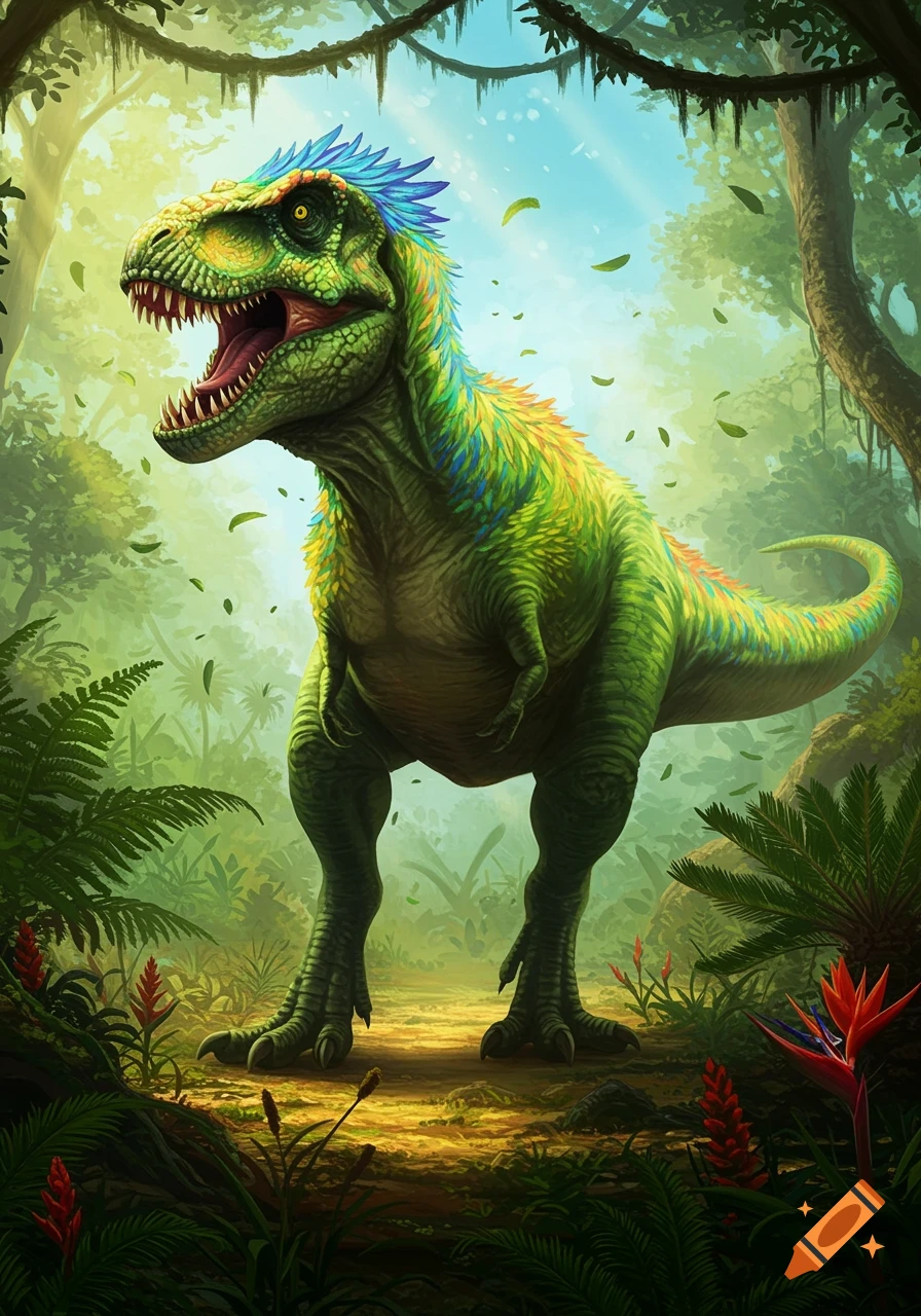 A vibrant green T-Rex with colorful blue, green, and yellow feathers stands in a lush, sunlit jungle.