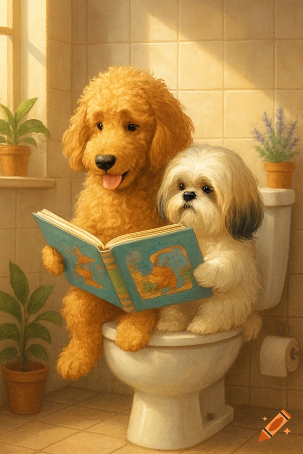 A fluffy golden doodle and a shih tzu dog sitting on a toilet reading a children's book in a bright bathroom, illustrated style.