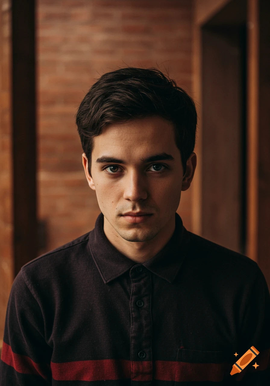 A photorealistic portrait of a young man with dark hair and light eyes, wearing a dark polo shirt with red stripes, looking forward against a brick wall background.