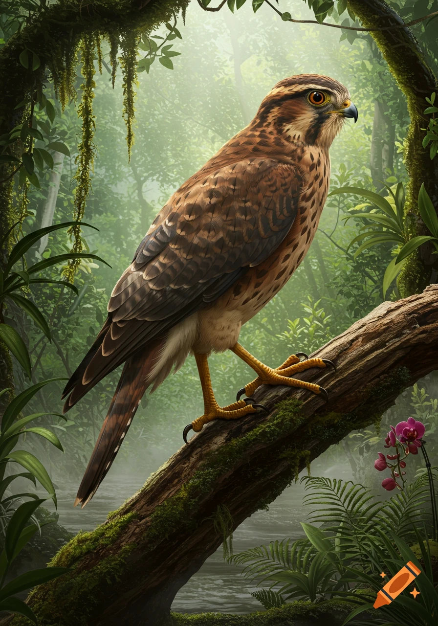 A detailed shot of a brown and white raptor with large yellow feet perched on a mossy tree branch in a vibrant green jungle.