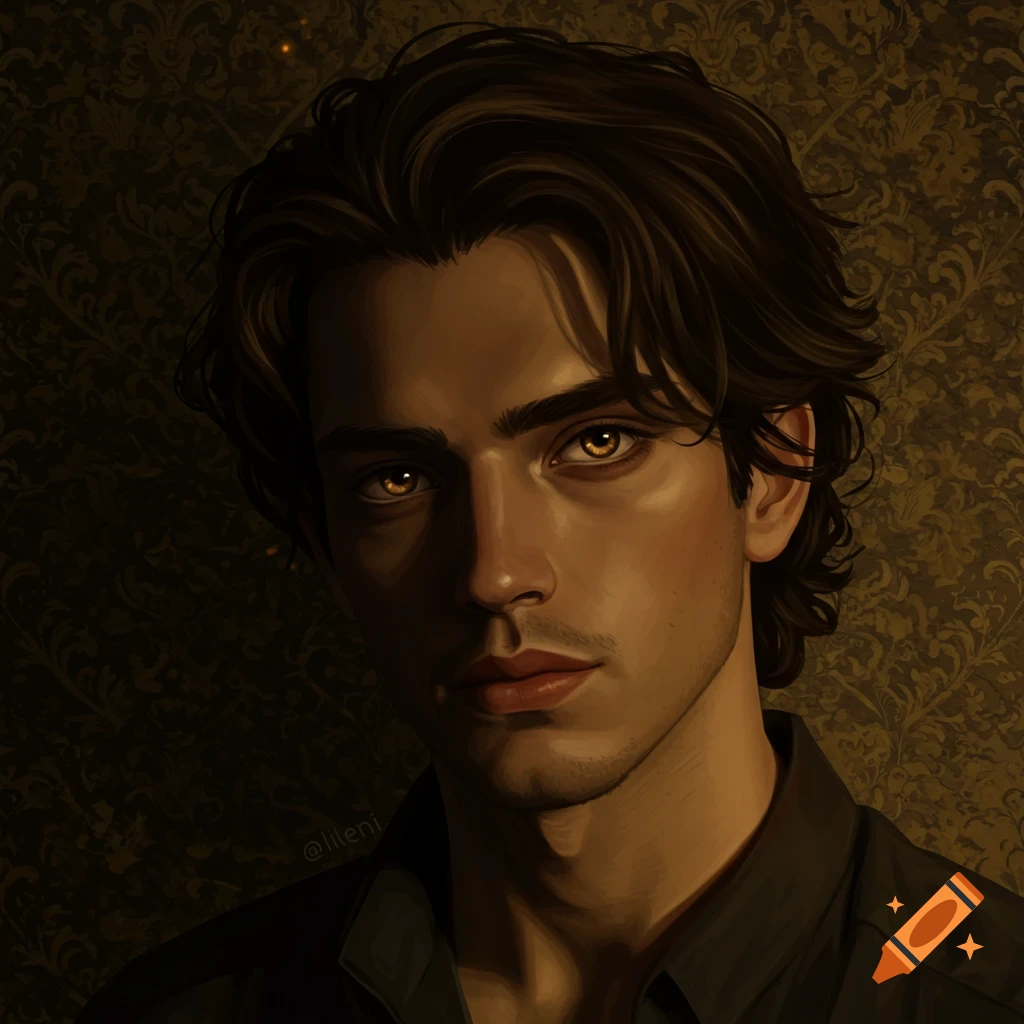 Digital painting of a dark-haired young man with amber eyes against a patterned dark background.