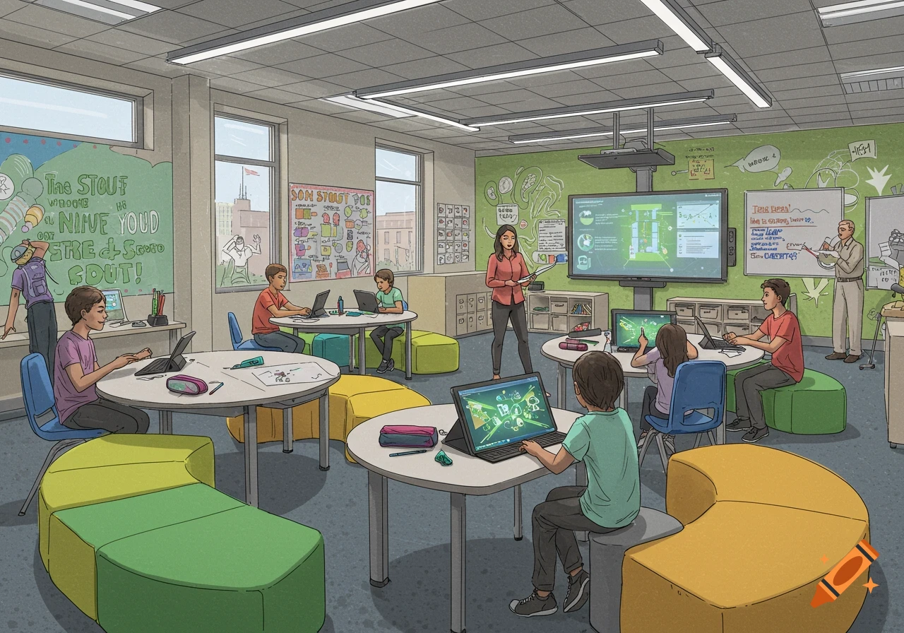 An illustrated classroom scene with students using laptops and a teacher presenting, reflecting a 21st-century teaching system.