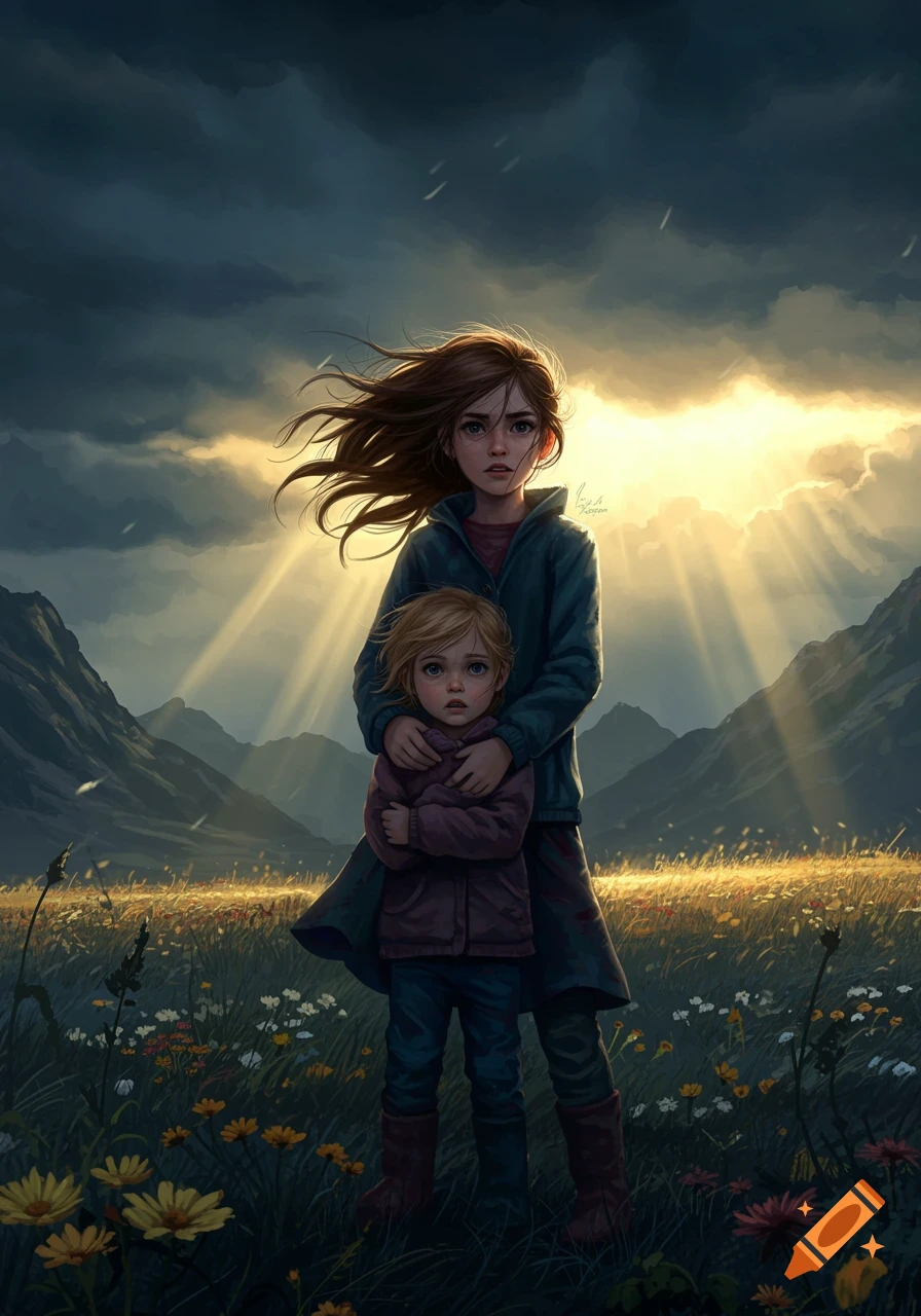 A young girl with long brown hair protectively embraces a smaller child in a field with mountains under a stormy sky with sun rays.