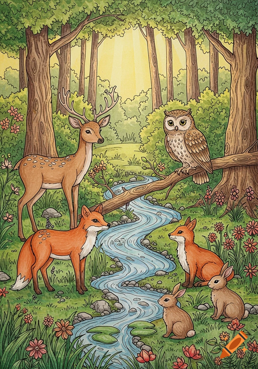 Cartoon illustration of forest animals: a deer, two foxes, an owl, and two rabbits, by a stream with trees and flowers, in a coloring book style.