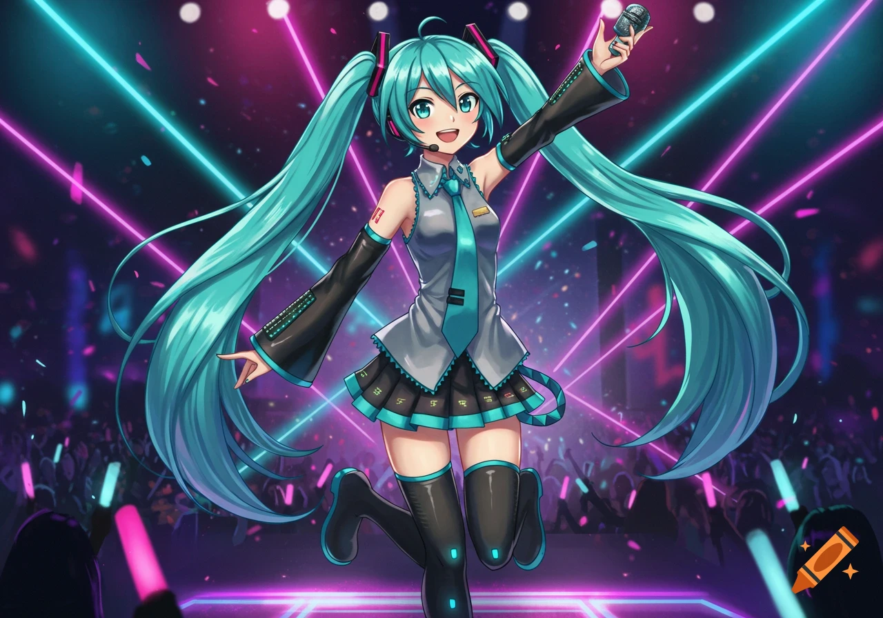 Hatsune Miku sings on a stage illuminated by neon blue and pink lights, with an audience in the background.
