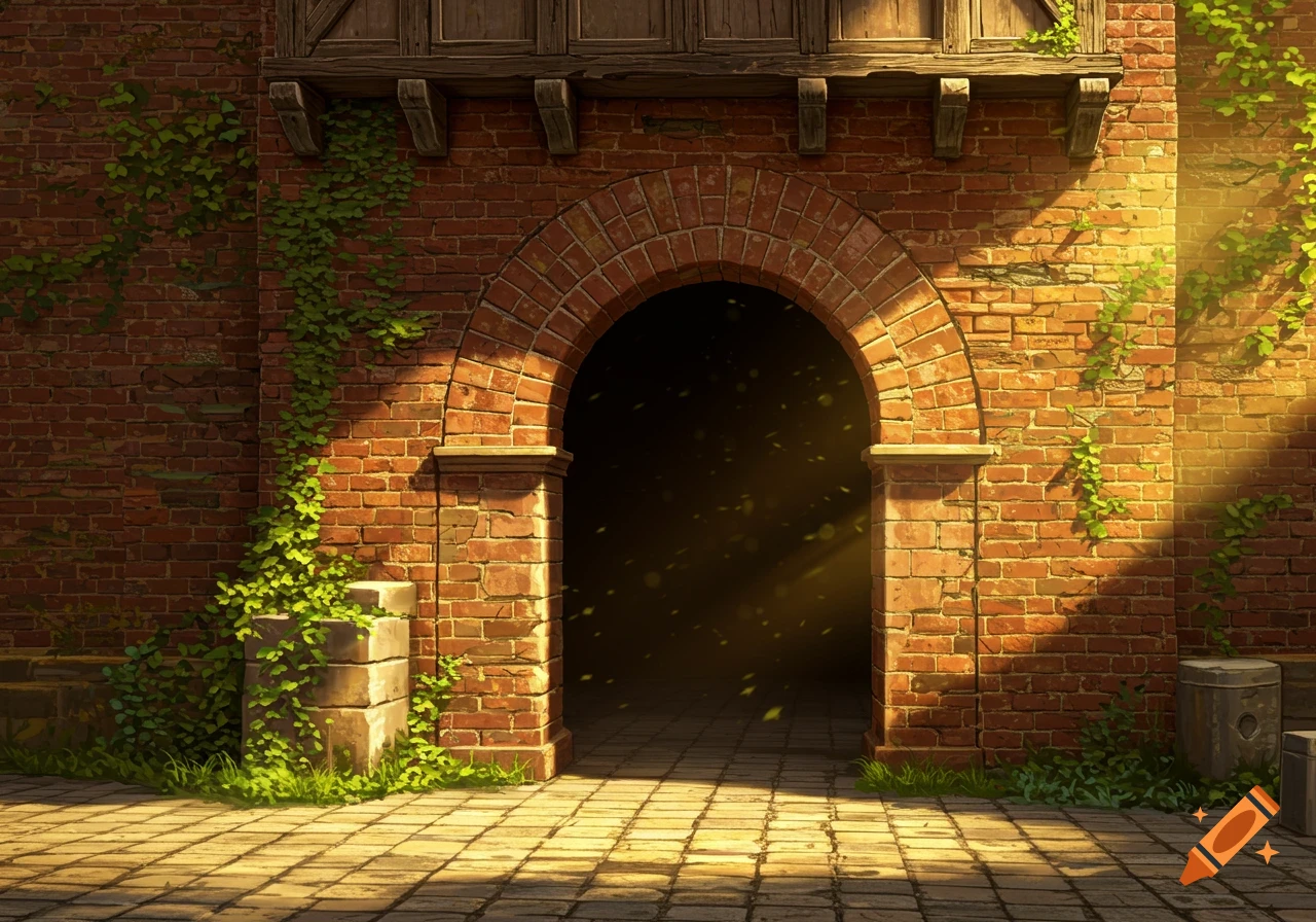 A sun-drenched arched brick doorway with green vines on a wall and a tiled path.